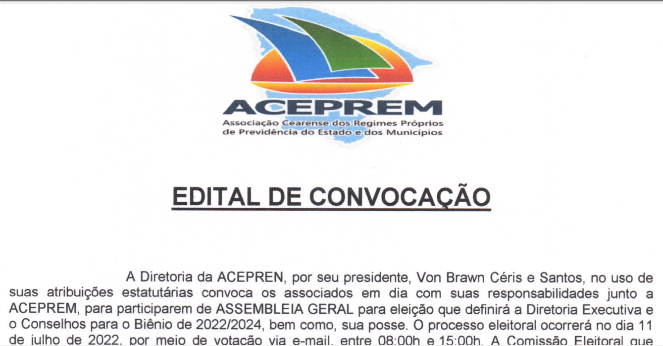 Edital de Convocação para participação em Assembleia Geral para eleição que definirá a Diretoria Executiva e o Conselhos para o Biénio de 2022/2024