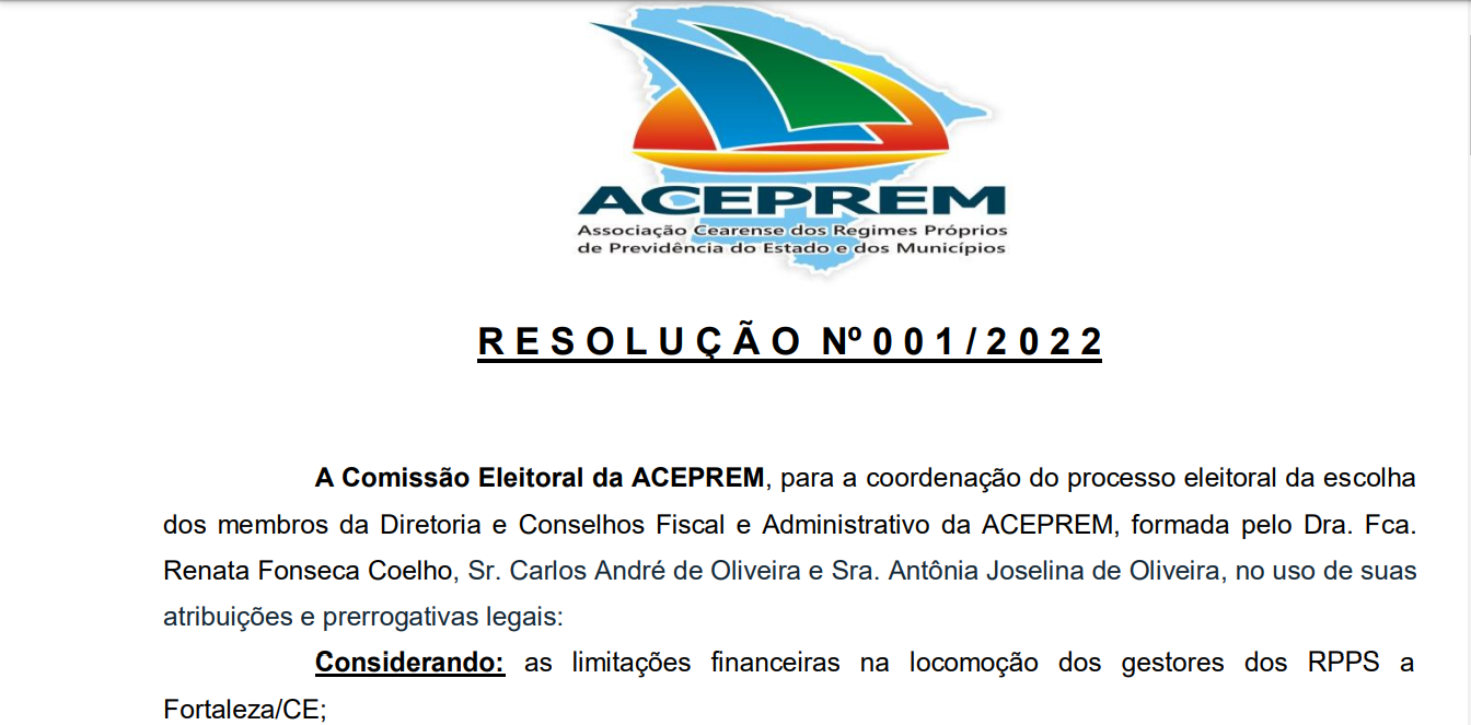Resolução nº 001/2022 – Processo eleitoral da escolha dos membros da Diretoria e Conselhos Fiscal e Administrativo da ACEPREM