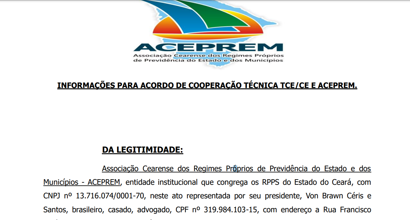Acordo de cooperação Técnica entre o TCE/CE e ACEPREM para realização do 1º ENCONTRO TÉCNICO DE CAPACITAÇÃO DOS GESTORES DE RPPS DO CEARÁ, MINISTÉRIO DA PREVIDÊNCIA E TÉCNICOS DO TCE/CE